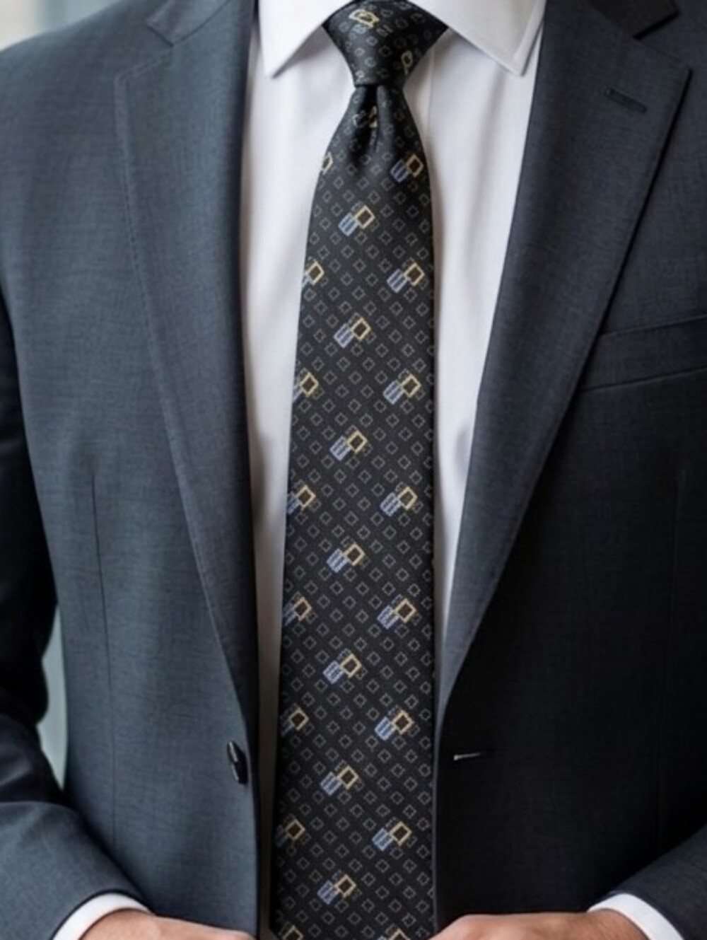 NAUTICA Black Silk Tie with Gold & Gray Geometric Accents Square Korea